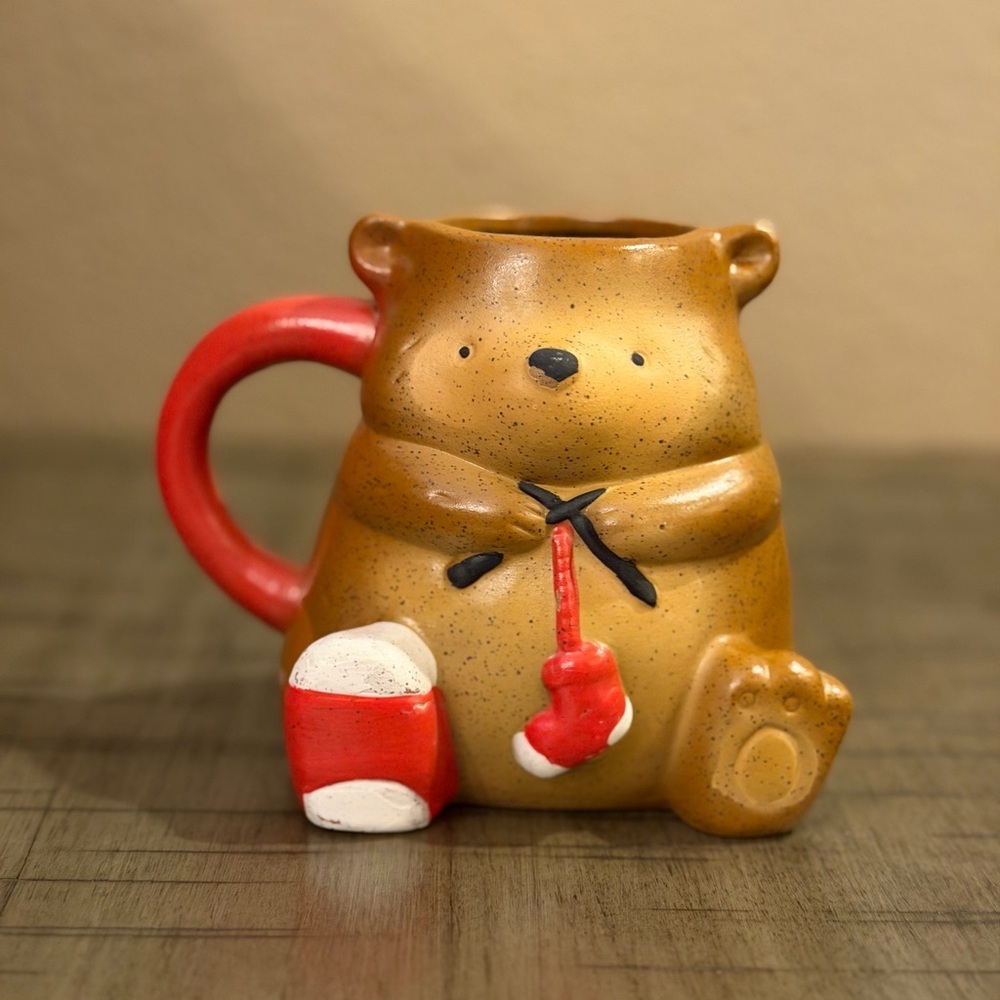 PPAPER SOURCE Christmas Bear Stonewear Coffee Mug Brown Red